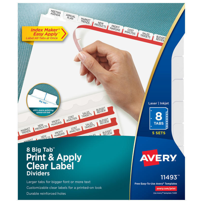 Avery Big Tab Print & Apply Clear Label Dividers with Index Maker Easy Apply Printable Label Strip, 8-Tab, White, Pack of 5 Sets MPN:11493