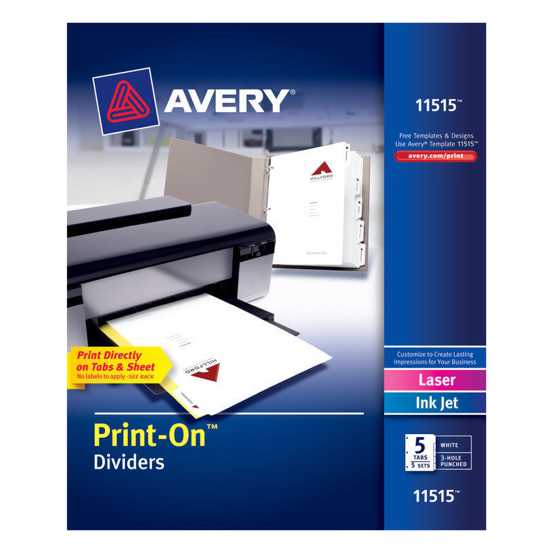 Avery Customizable Print-On Dividers, 8 1/2in x 11in, 5 Tabs, Pack Of 5 Sets MPN:11515