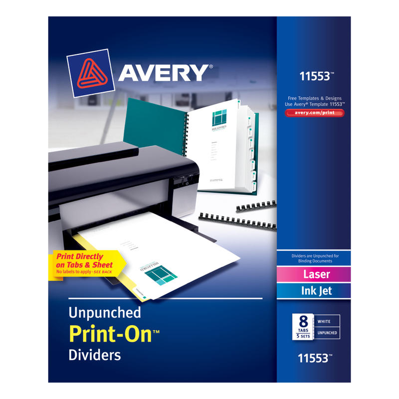 Avery Print-On Dividers, 8 1/2in x 11in, Unpunched, 8-Tab, White Dividers/White Tabs, Pack Of 5 Sets MPN:11553