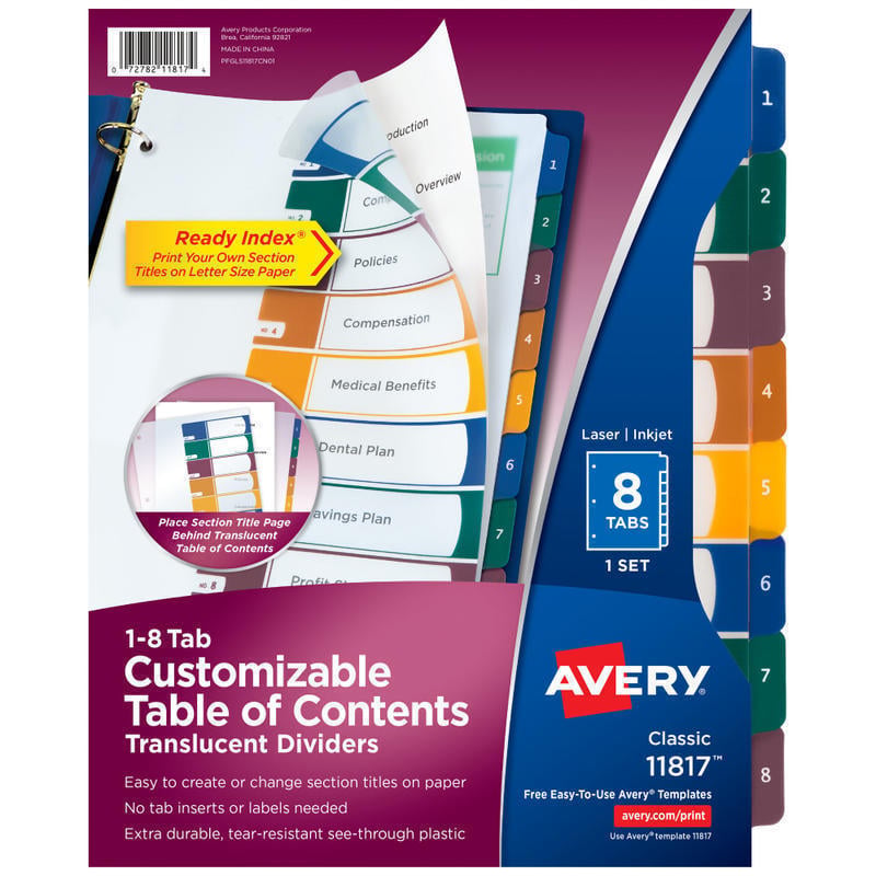 Avery Ready Index Plastic Dividers, 8-Tab & Table Of Contents, Multicolor MPN:11817