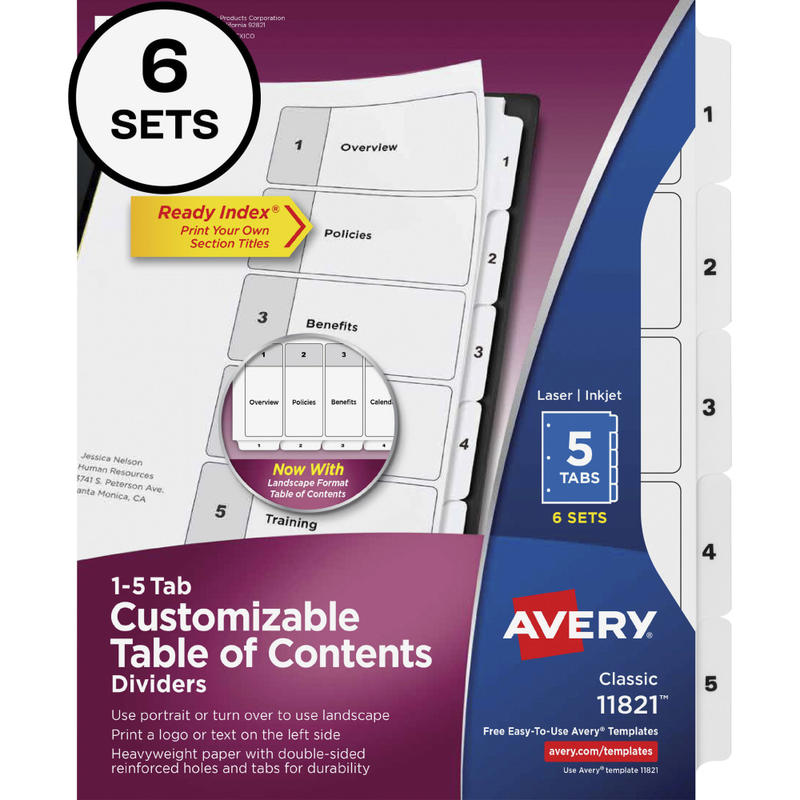 Avery Ready Index Classification Folder Binder Dividers, 8-1/2in x 11, White, 5 Dividers Per Set, Pack Of 6 Sets MPN:11821