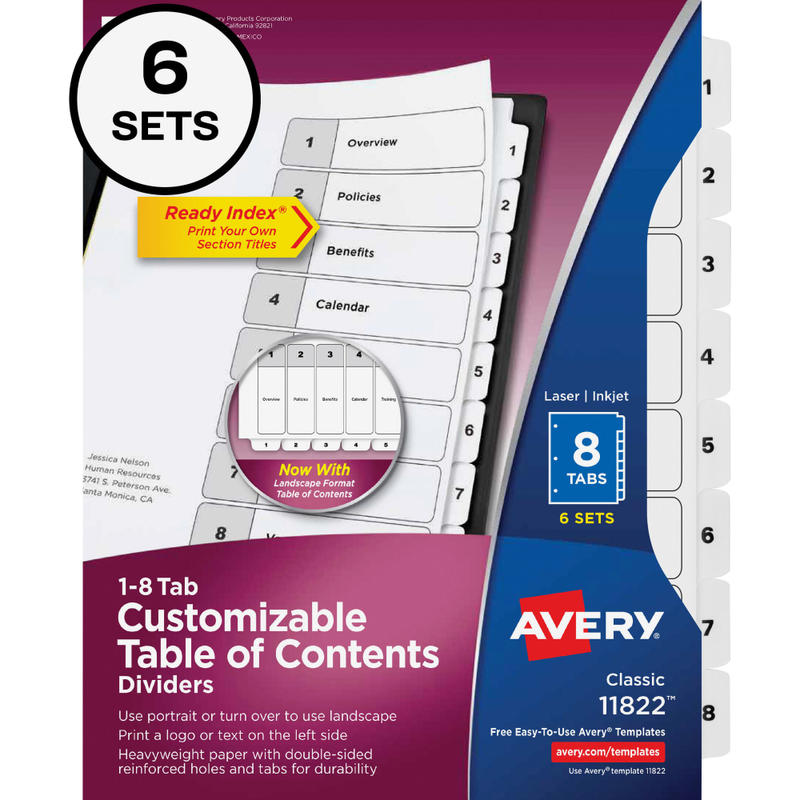 Avery Ready Index Binder Dividers, 8-1/2in x 11, White, 8 Dividers Per Set, Pack Of 6 Sets MPN:11822