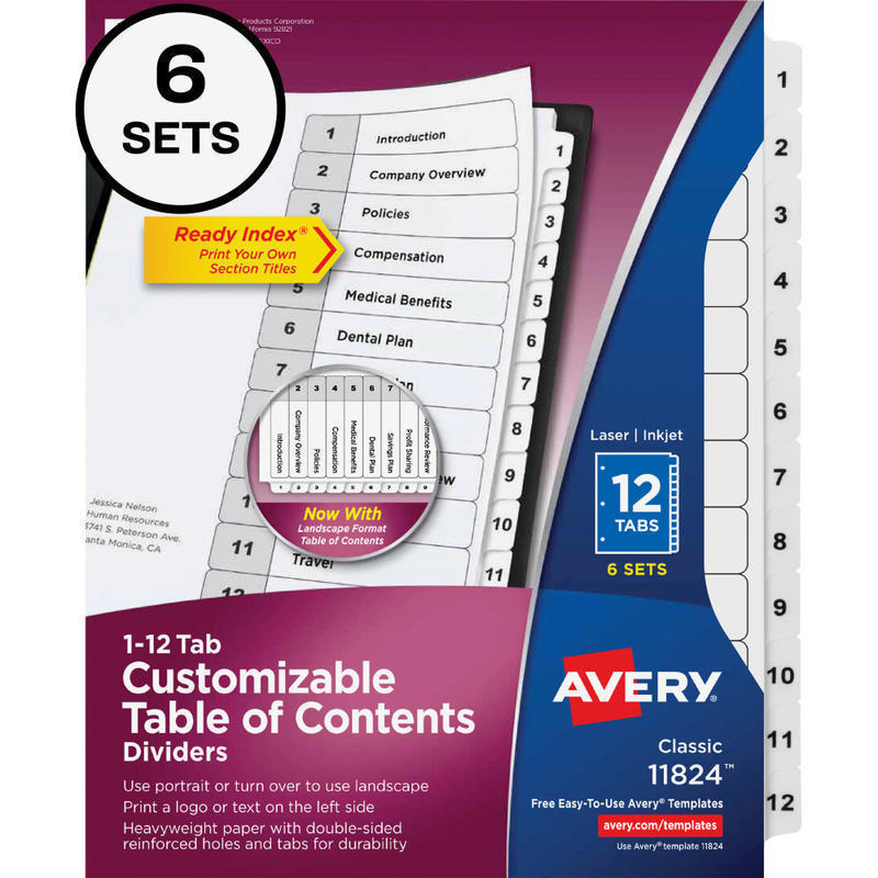 Avery Ready Index Binder Dividers, 8-1/2in x 11in, White, 12 Tabs Per Pack, Set Of 6 Packs MPN:11824