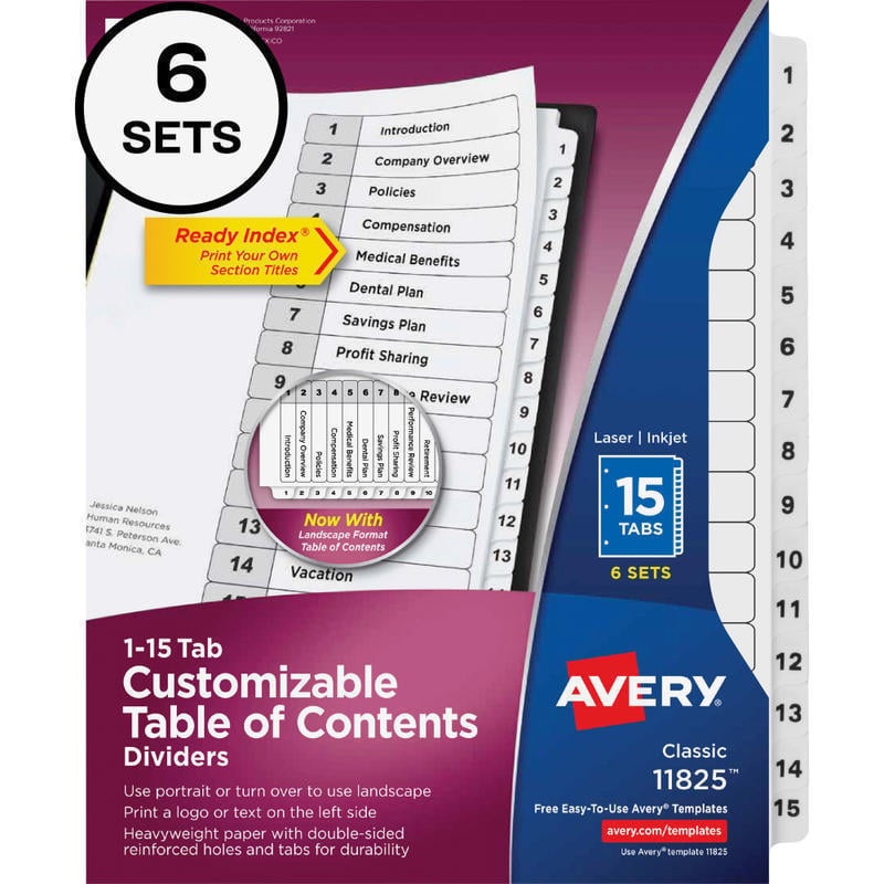 Avery Ready Index Dividers, 1-15 Tab & Customizable Table Of Contents, Letter Size, Black/White ,15 Tabs Per Pack, Set Of 6 Packs (Min Order Qty 2) MPN:11825