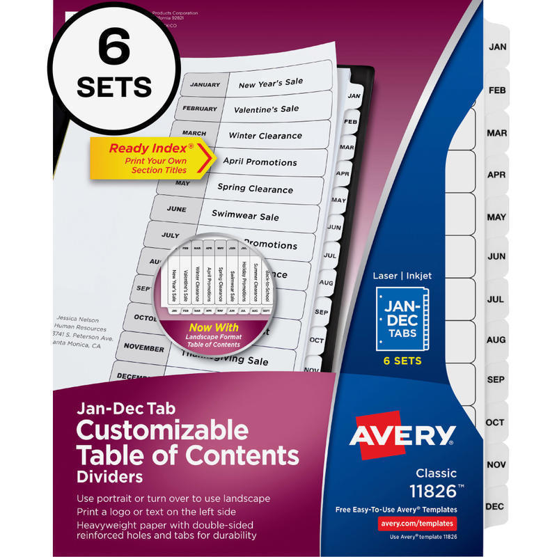 Avery Ready Index Jan-Dec Binder Dividers With Customizable Table of Contents, 8-1/2in x 11in, 12 Tabs Per Set, Classic White Tabs, Pack Of 6 Sets MPN:11826