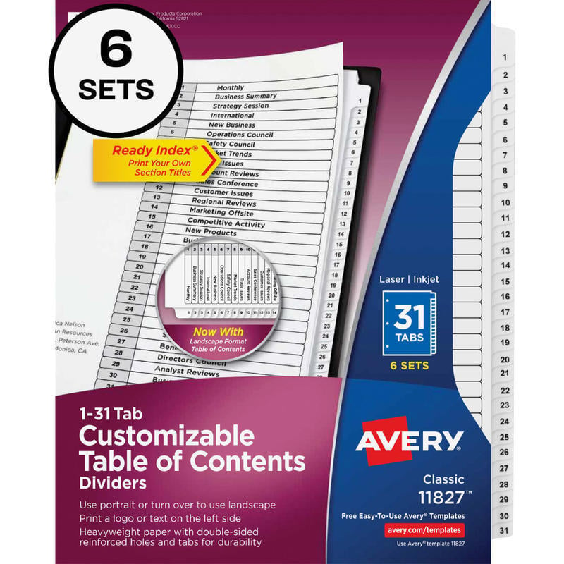 Avery Ready Index Dividers, 1-31 Tab & Customizable Table Of Contents, Letter Size, Black/White ,31 Dividers Per Pack, Set Of 6 Packs (Min Order Qty 2) MPN:11827