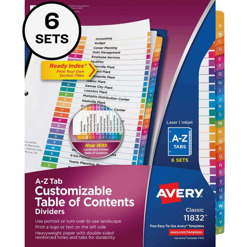 Avery Ready Index Dividers, A-Z Tab & Customizable Table of Contents, 8-1/2in x 11in, 26 Tab, Multicolor, Pack Of 6 Sets MPN:11832