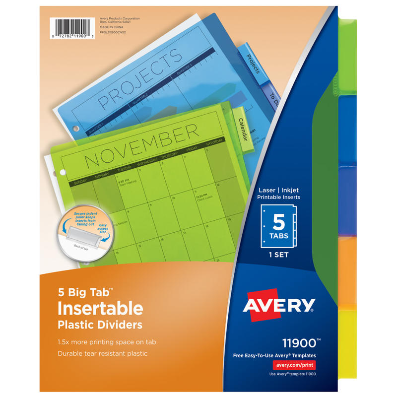 Avery Big Tab Insertable Plastic Dividers, Multicolor, 5-Tab MPN:11900