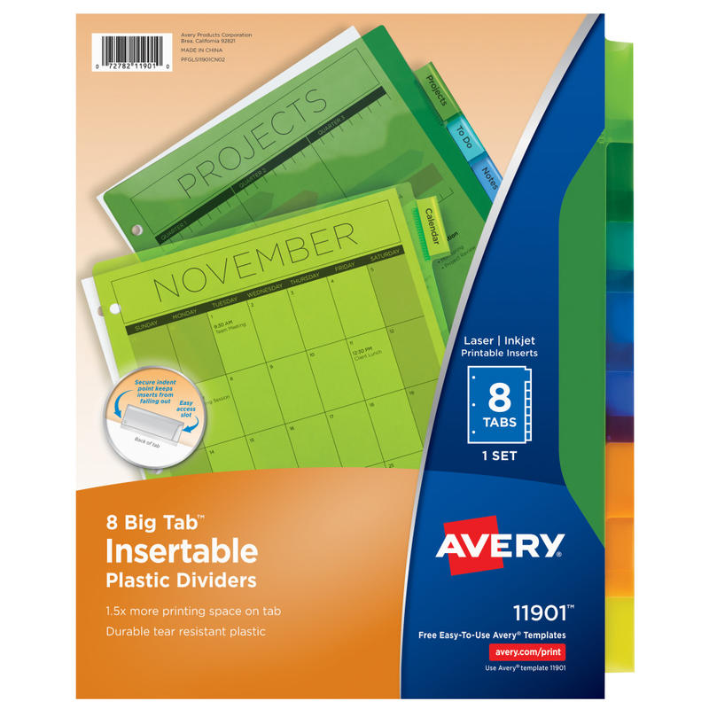 Avery Dividers for 3 Ring Binders, 8-Tab Binder Dividers, Plastic Binder Dividers, Insertable Big Tab, Multicolor, 1 Set (11901) MPN:11901