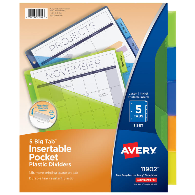 Avery Big Tab Insertable Plastic Dividers, Single Pocket, Multicolor, 5-Tab MPN:11902