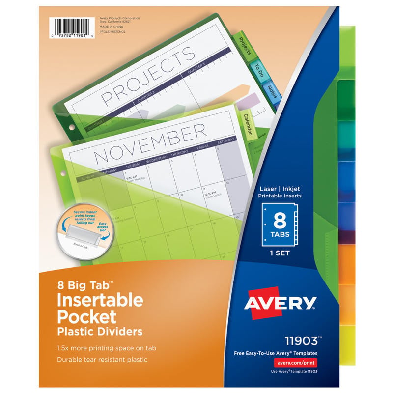 Avery Big Tab Insertable Plastic Dividers, Single Pocket, Multicolor, 8-Tab MPN:11903