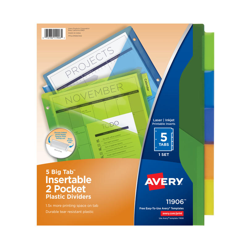 Avery Dividers for 3 Ring Binders, 5-Tab Binder Dividers, Two-Pocket Plastic Binder Dividers, Insertable Big Tab, Multicolor, 1 Set (11906) MPN:11906
