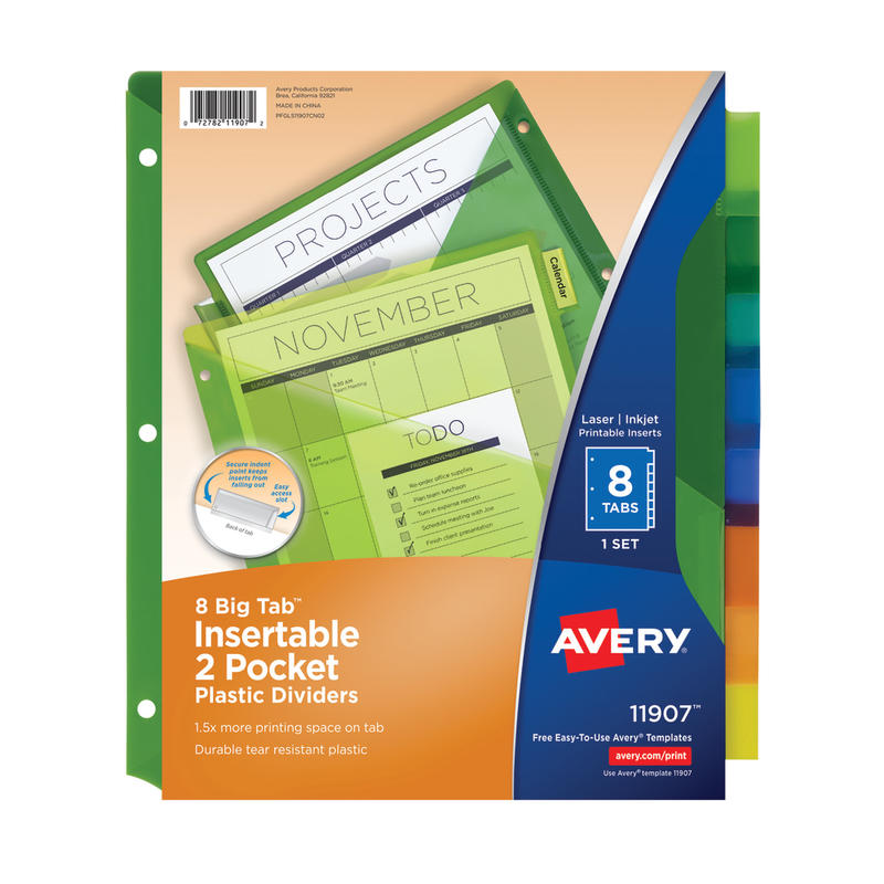 Avery Big Tab Insertable Plastic Dividers, Double Pocket, Multicolor, 8-Tab MPN:11907