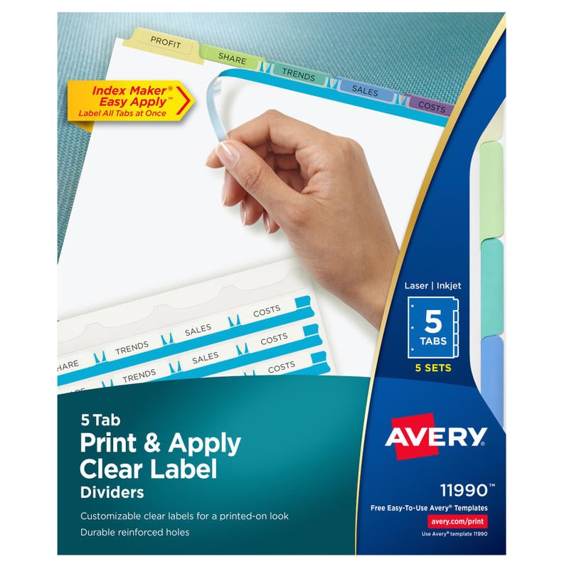 Avery Customizable Index Maker Dividers For 3 Ring Binder, Easy Print & Apply Clear Label Strip, 5 Tab, Pastel Tabs, Pack Of 5 Sets MPN:11990