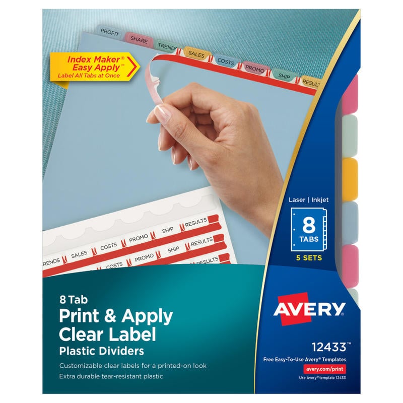 Avery 8 Tab Plastic Dividers For 3 Ring Binder, Easy Print & Apply Clear Label Strip, Index Maker Customizable, Multicolor Tabs, Pack Of 5 Sets (Min Order Qty 2) MPN:12433