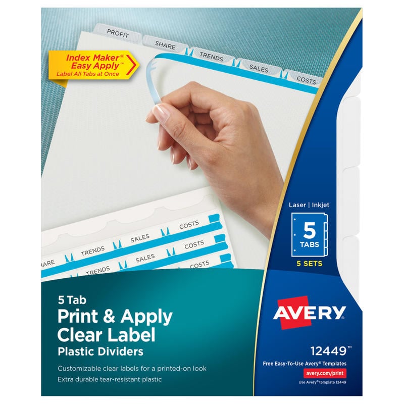 Avery Print & Apply Clear Label Translucent Plastic Dividers, 5 Frosted Clear Tabs, 5 Sets - 12449 MPN:12449