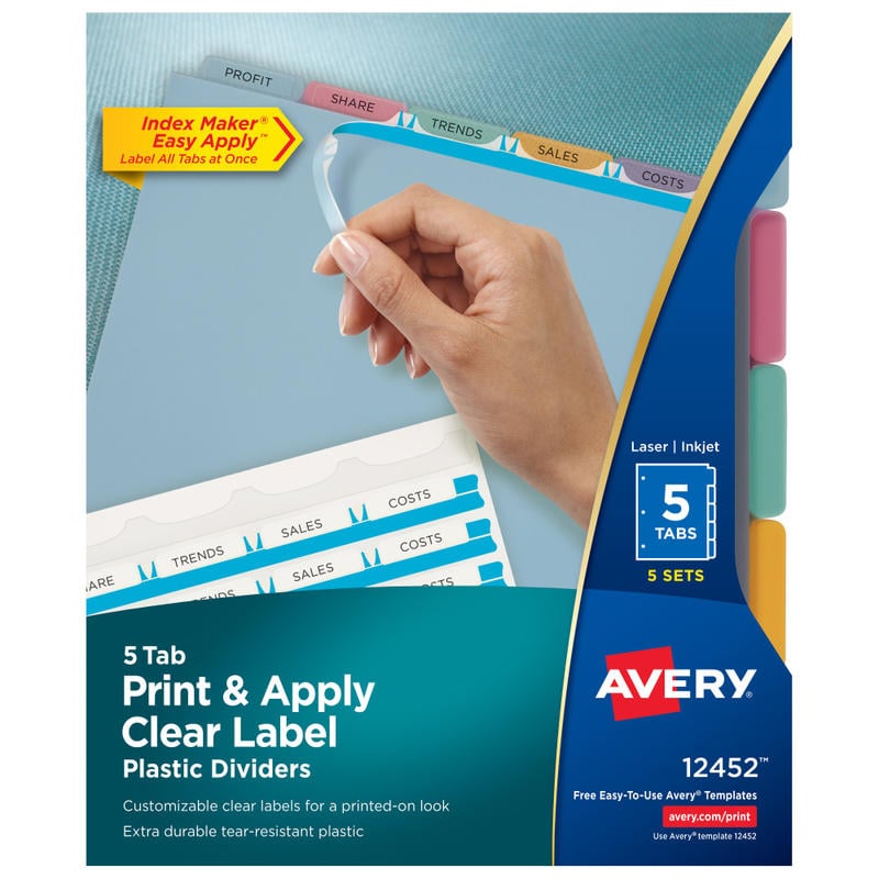 Avery Print & Apply Clear Label Translucent Plastic Dividers with Index Maker Easy Apply Printable Label Strip, 5 Multicolor Tabs, Pack Of 5 Sets (Min Order Qty 3) MPN:12452