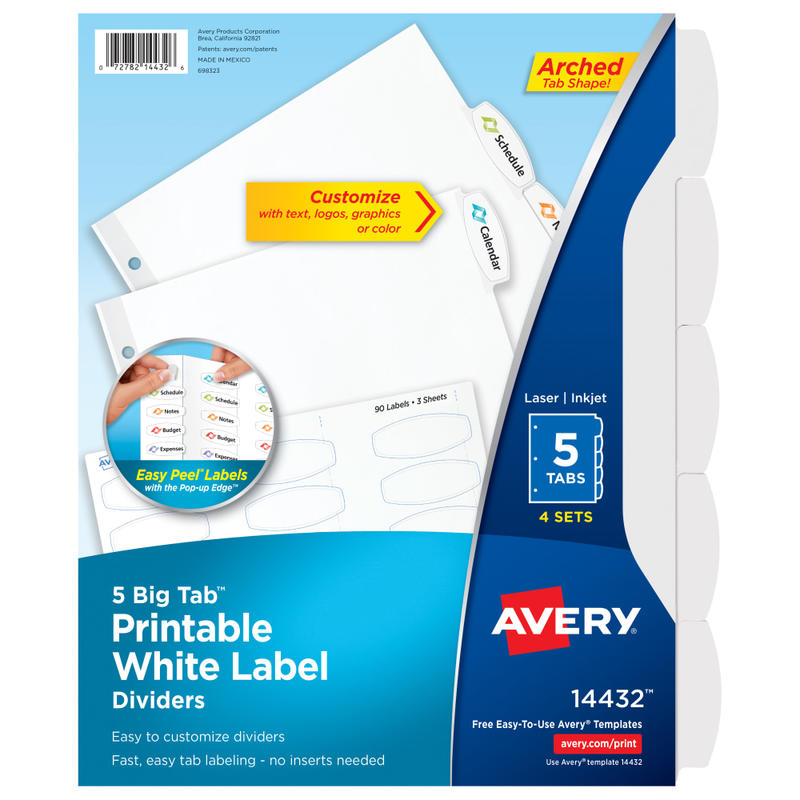 Avery Easy Peel Pop-up Edge Label Dividers, 8 1/2in x 11in, 5-Tab, White, Pack Of 4 MPN:14432