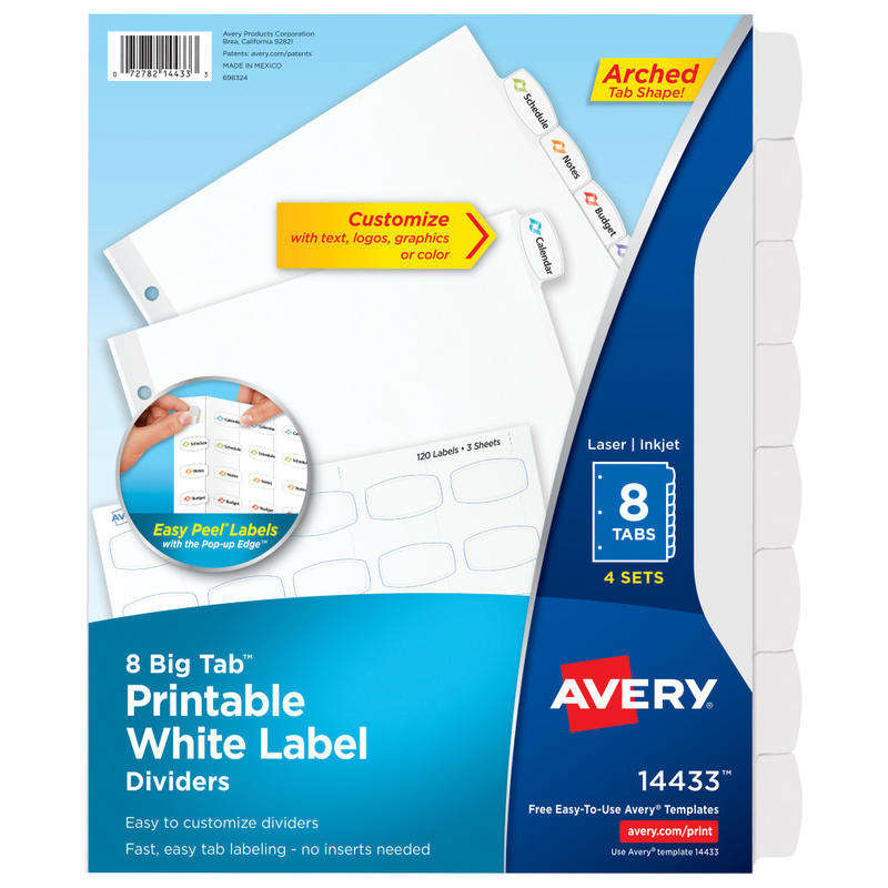 Avery Easy Peel Pop-up Edge Label Dividers, 8 1/2in x 11in, 8-Tab, White, Pack Of 4 MPN:14433