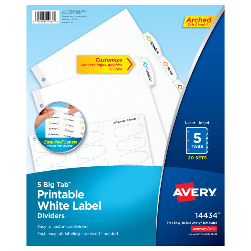 Avery Big Tab Printable Label Dividers With Easy Peel, 8-1/2in x 11in, 5 Tab, White, Pack Of 20 Sets MPN:14434
