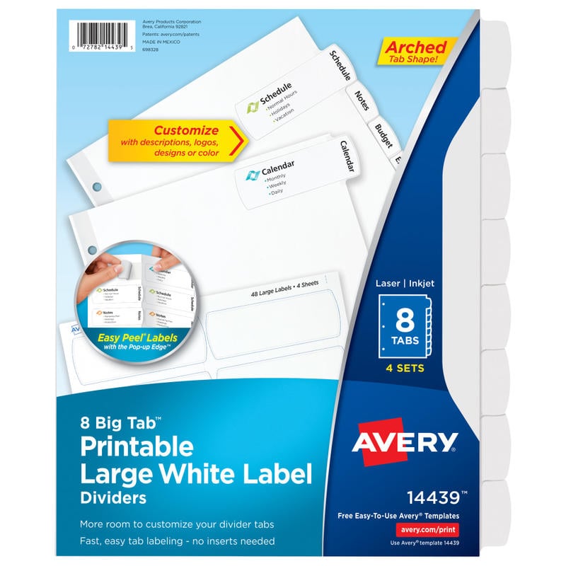 Avery Big Tab Printable Large Label Dividers With Easy Peel, 8 1/2in x 11in, 8 Tab, White, Pack Of 4 MPN:14439