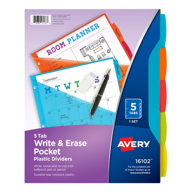 Avery Write & Erase Durable Plastic Dividers With Pockets, 8-1/2in x 11in, Multicolor, Pack Of 5 Dividers MPN:16102
