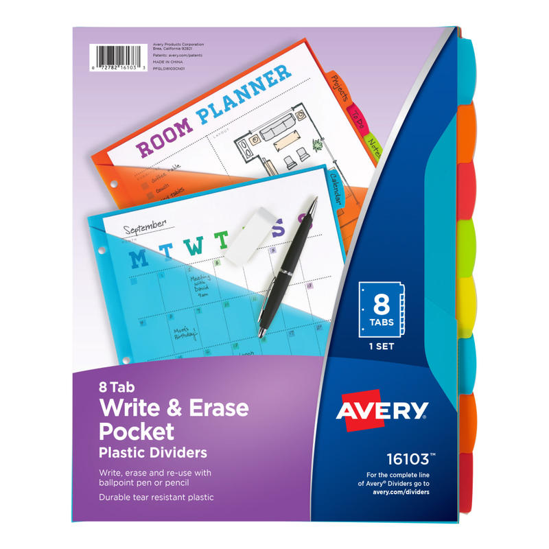 Avery Write & Erase Durable Plastic Dividers With Pockets, 8-1/2in x 11in, Multicolor Brights, Pack Of 8 Dividers MPN:16103