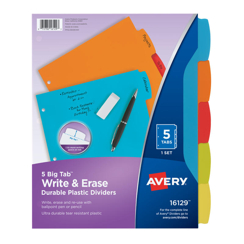 Avery Big Tab Write & Erase Durable Plastic Dividers, 8 1/2in x 11in, Multicolor Brights, 5-Tab MPN:16129