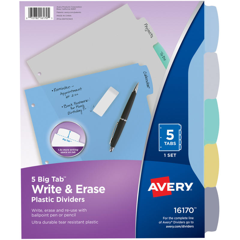 Avery Durable Write-On Plastic Dividers With Erasable Tabs, 8 1/2in x 11in, Multicolor, 5 Tabs MPN:16170