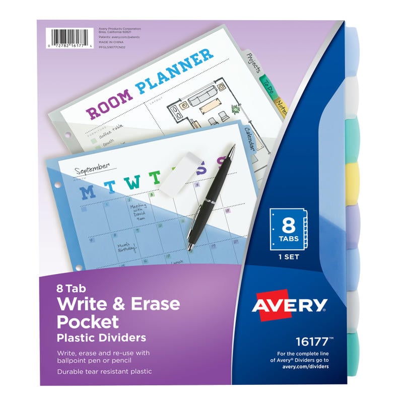 Avery Write & Erase Pocket Plastic Dividers For 3 Ring Binders, 9-1/4in x 11-1/4in, 8-Tab Set, Multicolor, 1 Set MPN:16177