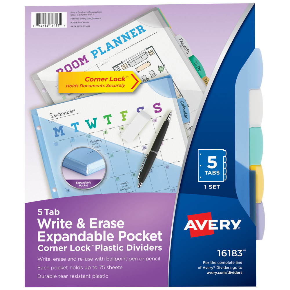 Avery Corner Lock Write & Erase Plastic Dividers With Expandable Pockets, 9-1/4in x 11-1/4in, Multicolor, Set Of 5 Tabs MPN:16183