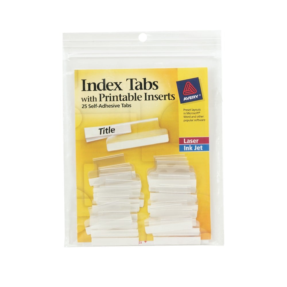 Avery Insertable Self-Adhesive Index Tabs With Printable Inserts, 1in, Clear, Pack Of 25 (Min Order Qty 13) MPN:16221