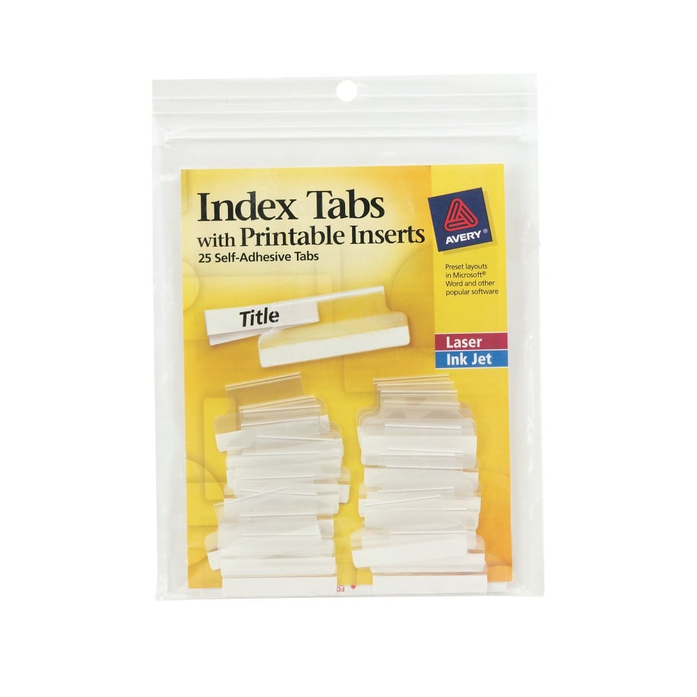 Avery Insertable Self-Adhesive Index Tabs With Printable Inserts, 1in, Clear, Pack Of 25 (Min Order Qty 15) MPN:16221