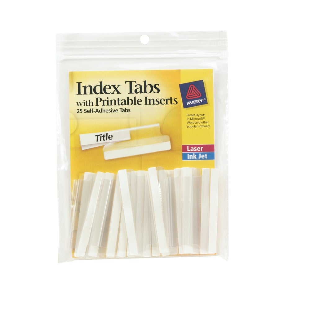 Avery Insertable Self-Adhesive Index Tabs With Printable Inserts, 2in, Clear, Pack Of 25 (Min Order Qty 18) MPN:16241