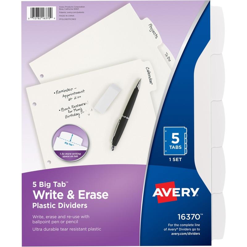 Avery Durable Write-On Plastic Dividers With Erasable Tabs, 8 1/2in x 11in, White, 5 Tabs MPN:16370
