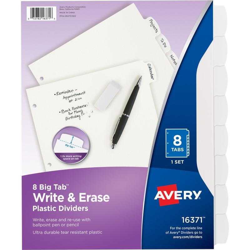 Avery Durable Write-On Plastic Dividers With Erasable Tabs, 8 1/2in x 11in, White, 8 Tabs MPN:16371