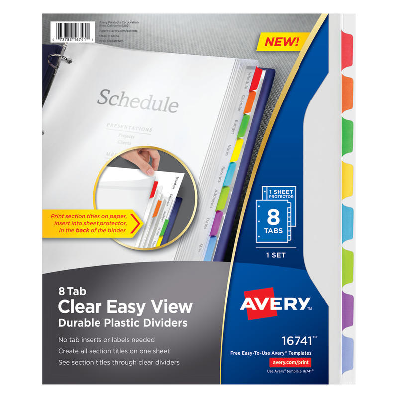 Avery Clear Easy View Durable Plastic Dividers For 3 Ring Binders, 8-1/2in x 11in, 8-Tab, Bright Multicolor, 1 Set MPN:16741