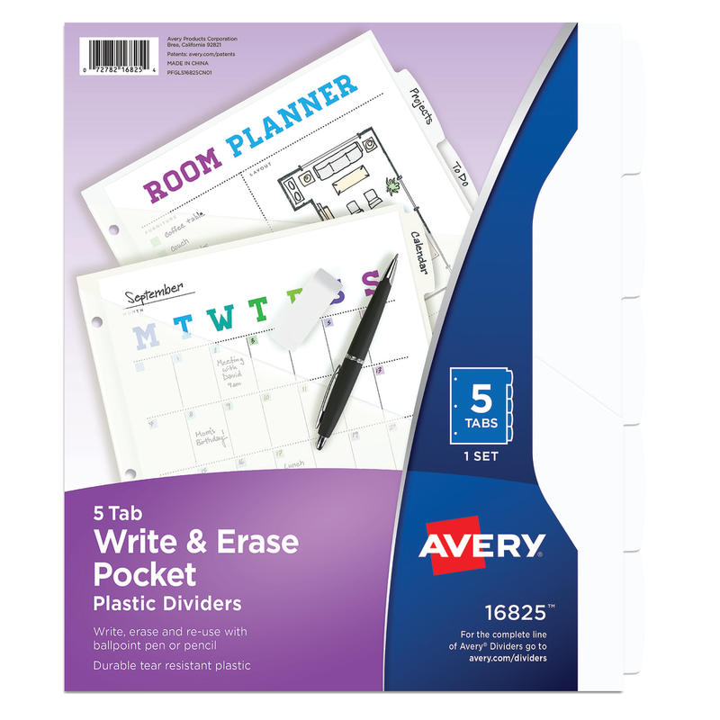 Avery Write & Erase Durable Plastic Divider With Pocket, 5 Tabs, 9 1/4in x 11 1/4in, White MPN:16825