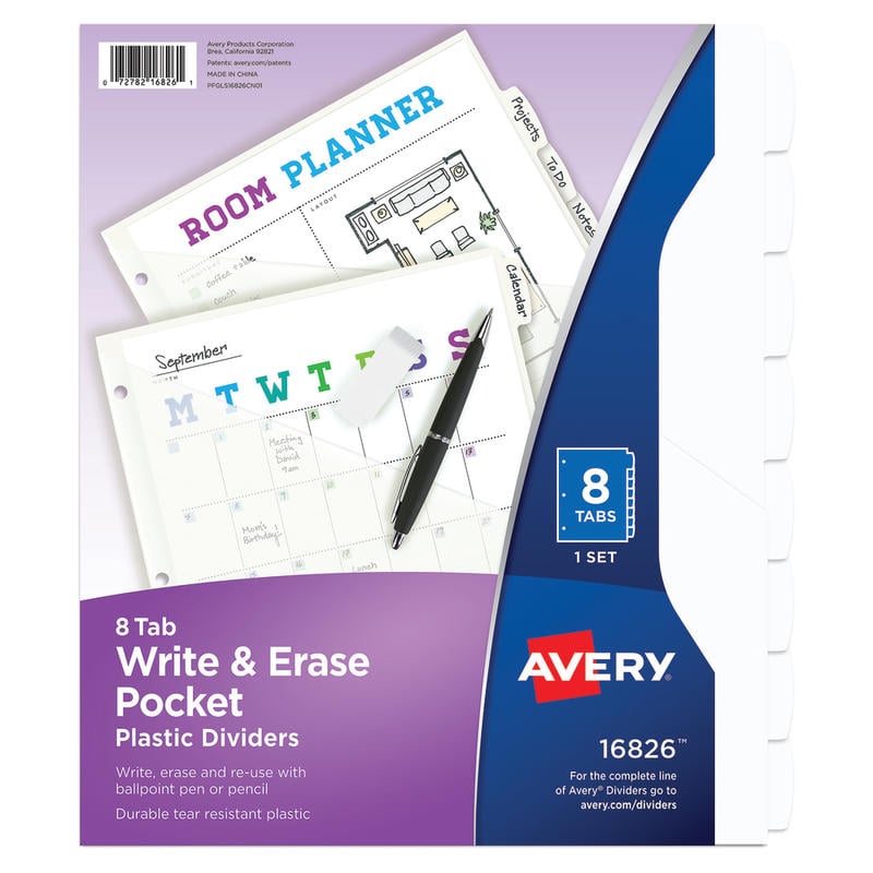 Avery Durable Plastic 8-Tab Write & Erase Dividers For 3 Ring Binders With Slash Pocket, 9-1/4in x 11-1/4in, Translucent White, 1 Set MPN:16826