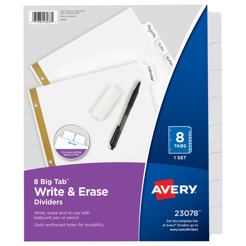 Avery Big Tab Write-On Tab Dividers With Erasable Laminated Tabs, 8-Tab, White MPN:23078
