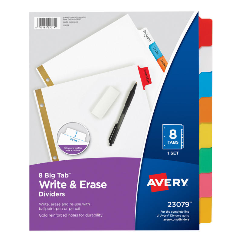 Avery Big Tab Write-On Tab Dividers With Erasable Laminated Tabs, 8-Tab, Multicolor MPN:23079