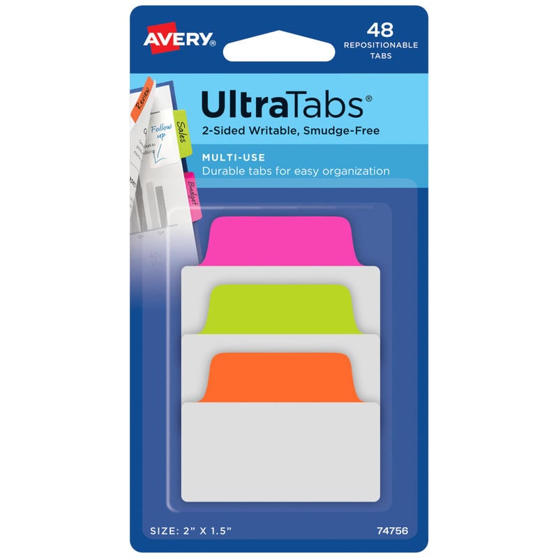 Avery Multiuse Ultra Tabs, 2-Side Writable, 2in x 1.5in, Neon Pink/Green/Orange, Pack Of 48 Repositionable Tabs MPN:74756