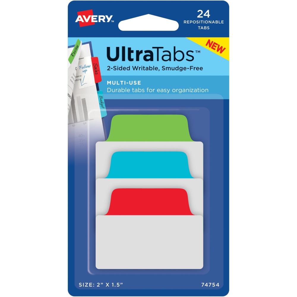 Avery Multiuse Ultra Tabs, 2-Side Writable, 2in x 1.5in, Red/Blue/Green, Pack Of 48 Repositionable Tabs MPN:74757