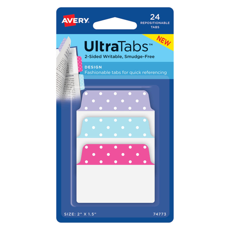 Avery Multiuse Ultra Tabs, 2-Side Writable, 2in x 1.5in, Pink/Blue/Purple, Pastel Dots, Pack Of 24 Repositionable Tabs MPN:74773