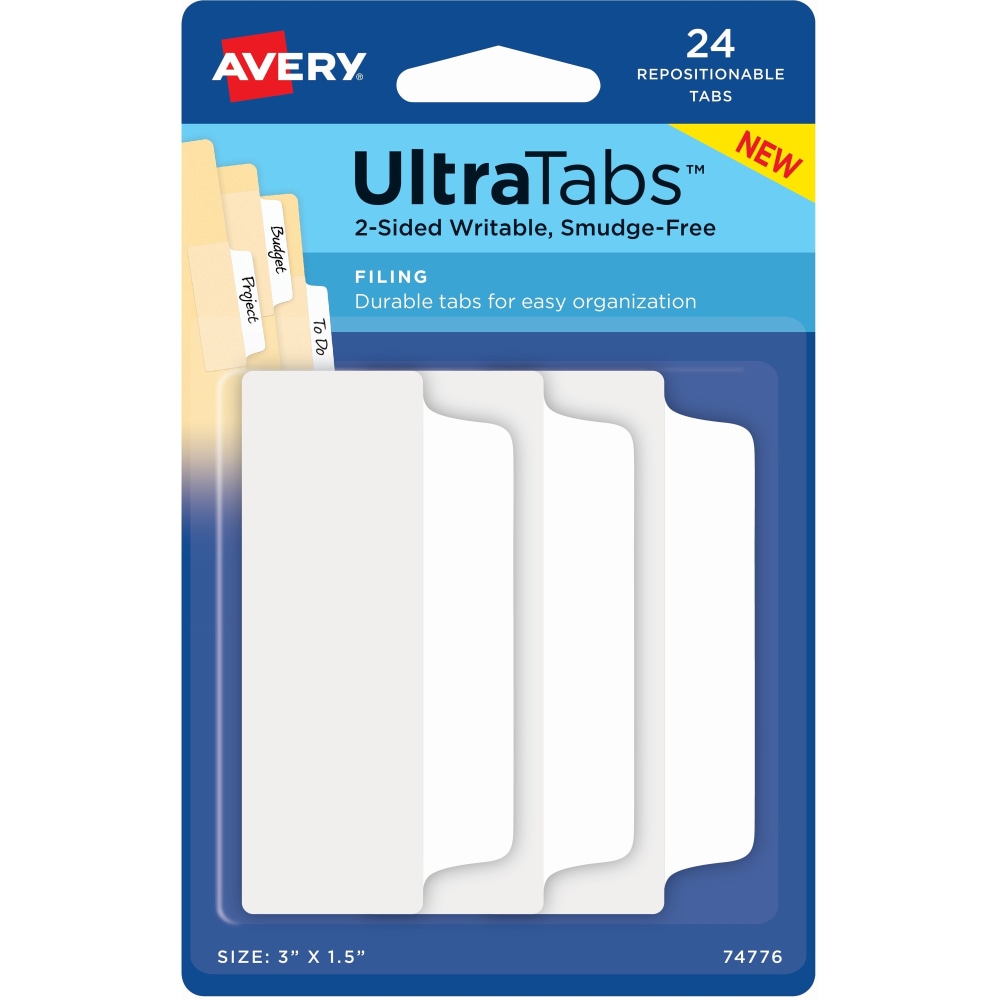 Avery Filing Ultra Tabs, 3in x 1.5in, 24 Repositionable File Tabs, 2-Side Writable, White MPN:74776