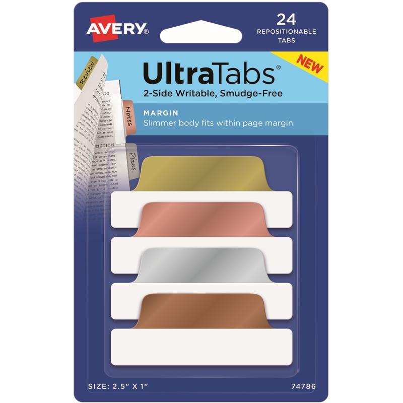 Avery UltraTabs Repositionable Margin Tabs - Write-on Tab(s) - 1in Tab Height x 2.50in Tab Width - Gold, Silver, Rose Gold, Copper Tab(s) - 24 / Pack MPN:74786