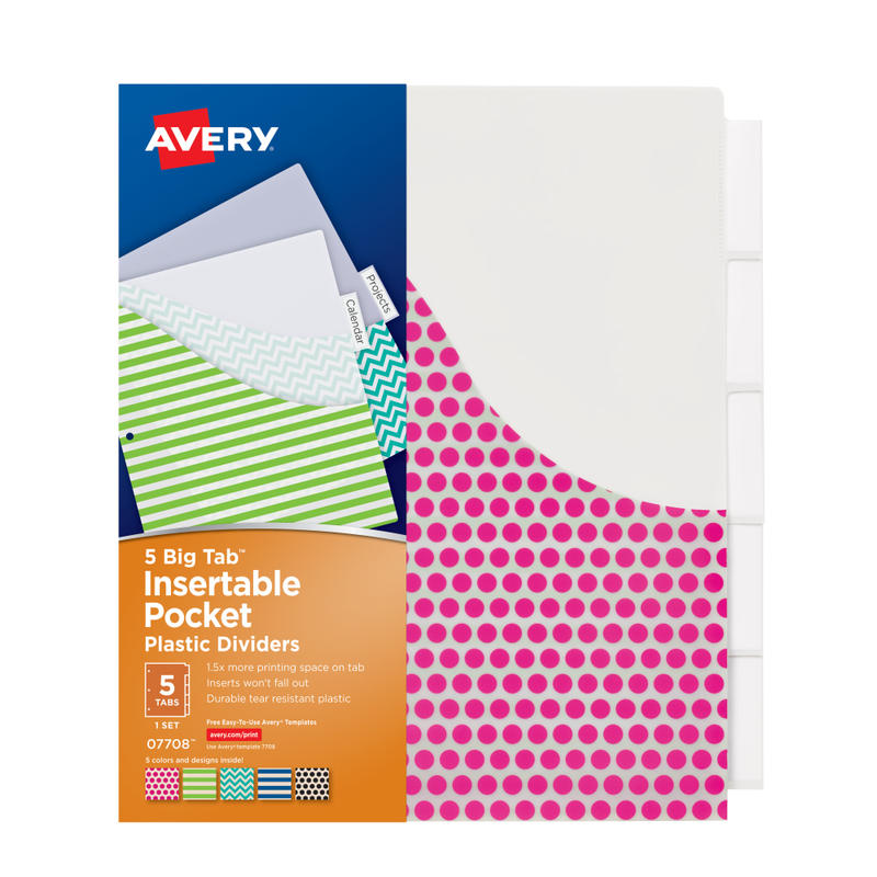 Avery Big Tab Insertable Plastic Dividers With Pockets, 9 1/4in x 11 1/8in, 5-Tab, Multicolor, 1 Set MPN:7708