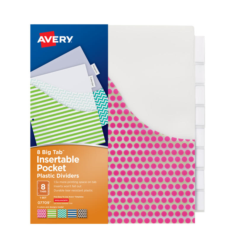 Avery Dividers for 3 Ring Binders, 8-Tab Binder Dividers, Plastic Binder Dividers with Pockets, 1 Set (07709) MPN:7709