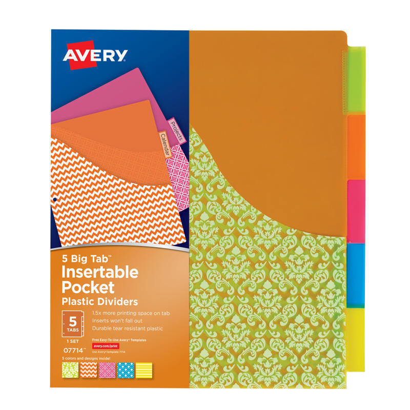 Avery Dividers For 3 Ring Binders, 5-Tab Binder Dividers, Plastic Binder Dividers With Pockets, Insertable Big Tab, 1 Set (07714) MPN:7714