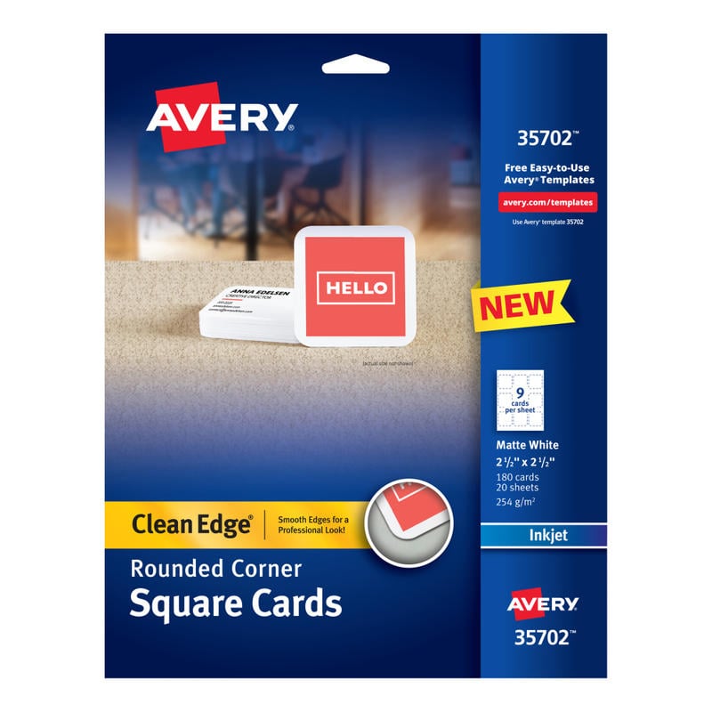Avery Clean Edge Printable Square Cards With Sure Feed Technology & Rounded Corners, 2.5in x 2.5in, White, 180 Blank Cards For Inkjet Printers MPN:35702